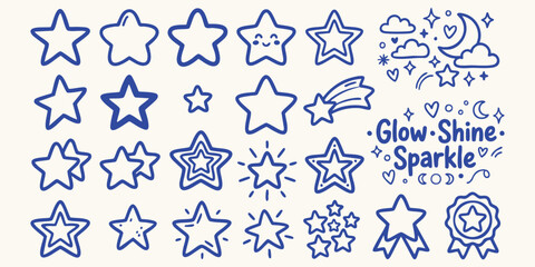 Fototapeta premium Various hand drawn doodle stars with different expressions and styles on a light background