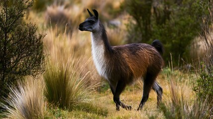 Fototapeta premium A llama stands alert in a grassy field with tall golden grasses and shrubs under soft natural light