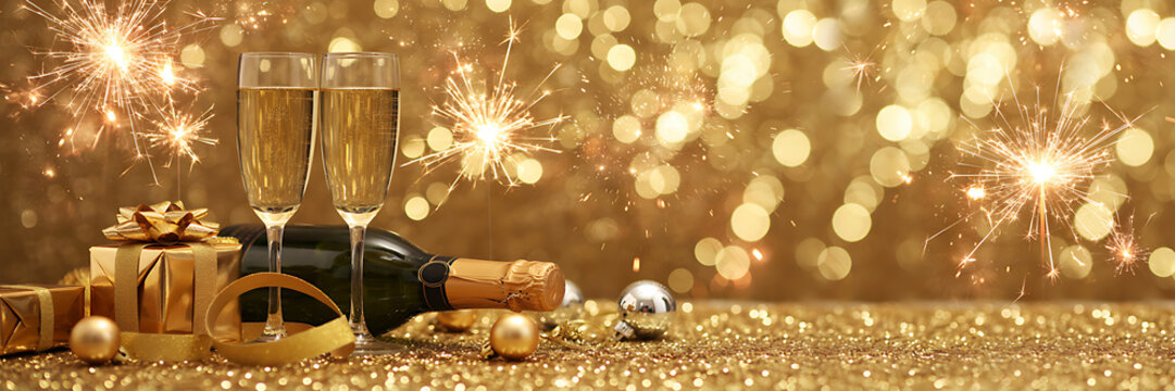 Two champagne flutes and a bottle with gold gift boxes and ribbons on a sparkling gold background, with bright festive, fireworks and bokeh lights