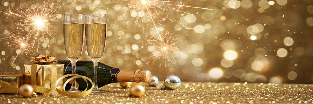 Two champagne flutes and a bottle with gold gift boxes and ribbons on a sparkling gold background, with bright festive, fireworks and bokeh lights