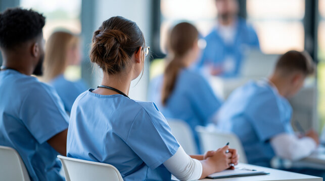Faceless medical professionals in azure uniforms attend lecture or presentation in bright classroom setting with speaker at front, defocused clinical education gathering, with