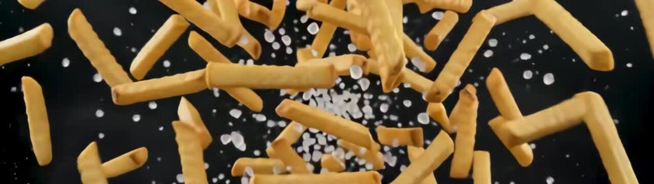 Fast food and junk food concept crinkle cut french fries falling with sea salt crystals slow motion food photography on black background.