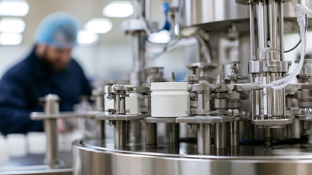 Industrial manufacturing line with automated machine filling white jars in a modern clean facility with a worker supervise production process