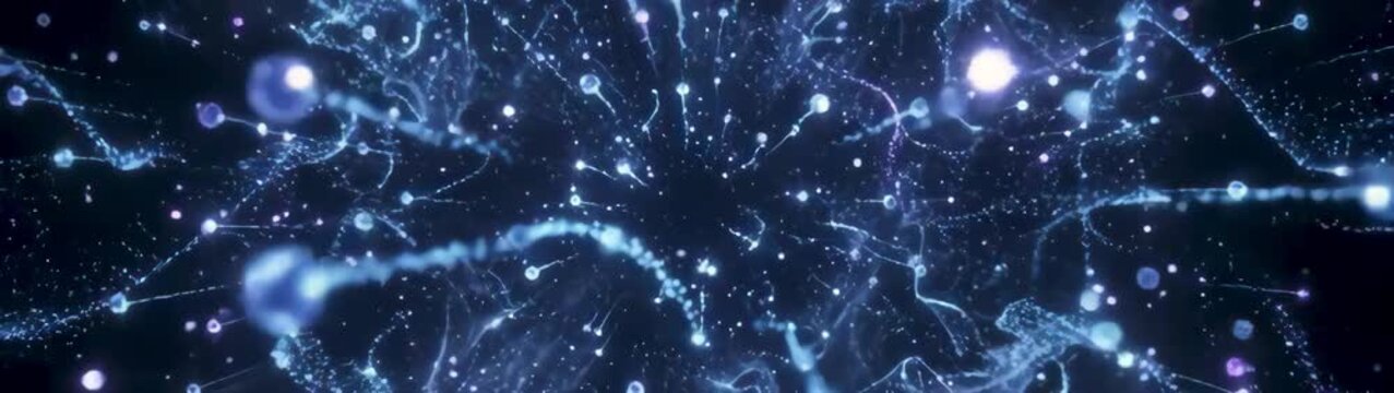 Quantum physics and energy explosion concept abstract blue light particles expanding from a central core futuristic science motion background.