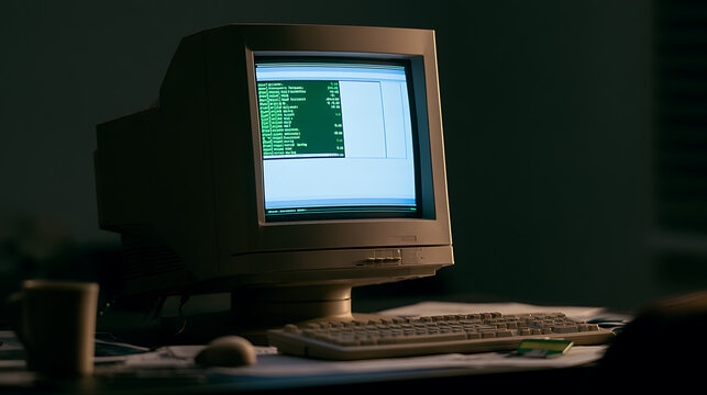 Retro personal computer from the nineties with old CRT monitor displaying code on desk in a dark office at night for tech history work