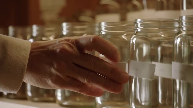 Hand reaches across a row of clear glass jars with blank white labels on a wooden shelf, moving between containers in warm indoor light with softly blurred jars behind