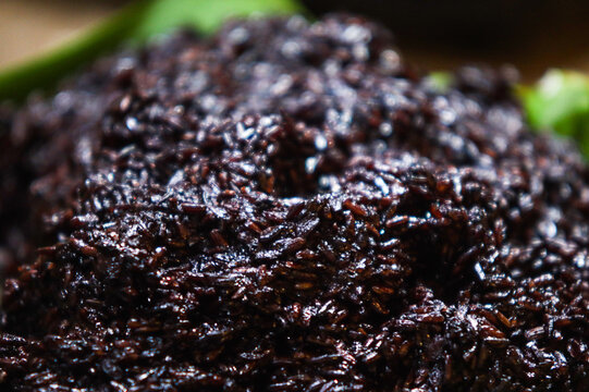 Macro Shot of Fresh Cooked Indonesian Black Glutinous Sticky Rice Ketan Hitam Texture