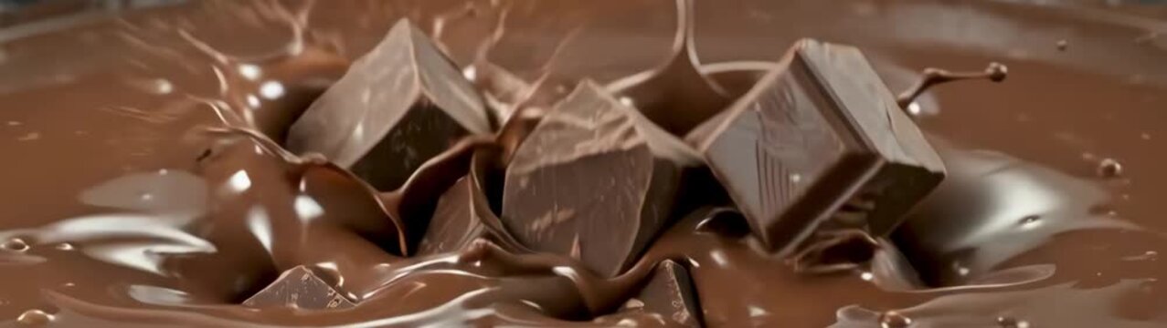 Gourmet indulgence and confectionery concept milk chocolate chunks falling in slow motion against a dark background food advertising and culinary art.