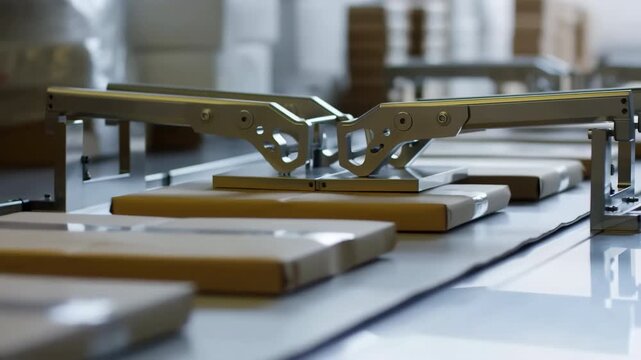 Articulated metal mechanism lowers a flat plate toward aligned rectangular pieces arranged across a bright industrial work surface in a clean automated production setting