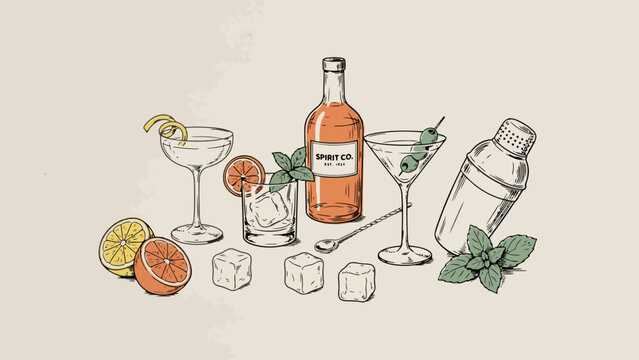 An illustrated arrangement of cocktail glasses a liquor bottle citrus fruit and bar accessories is displayed martini spirits