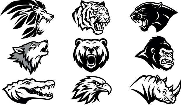 Wild animal mascot logo vector set featuring lion tiger panther bear wolf and eagle