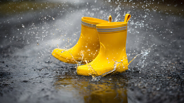 Yellow rain boots splashing into puddle on wet ground