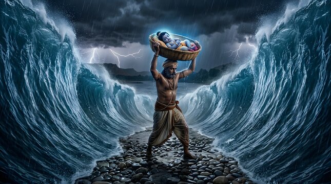 Vasudeva carrying baby Krishna in basket across parting Yamuna river storm.