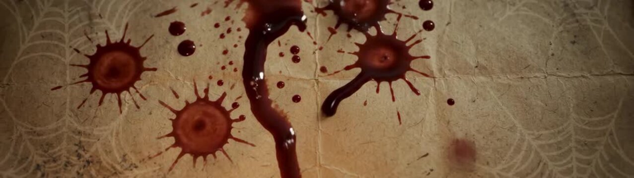 Crime scene investigation and forensic evidence blood splatter on old parchment paper with spider web pattern for horror halloween and mystery thriller themes.