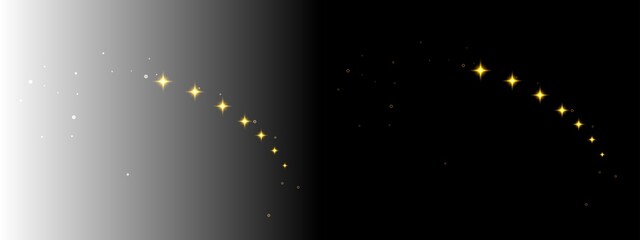 Golden sparkling stars trail with magic glitter dust, glowing particles in an arch shape on a split background © Rehena