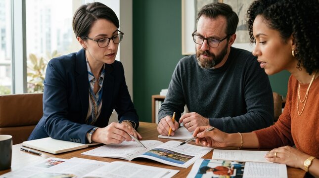Diverse publishing team in editorial meeting reviewing magazine layout. Professional colleagues collaborating and editing document with red markup at office desk