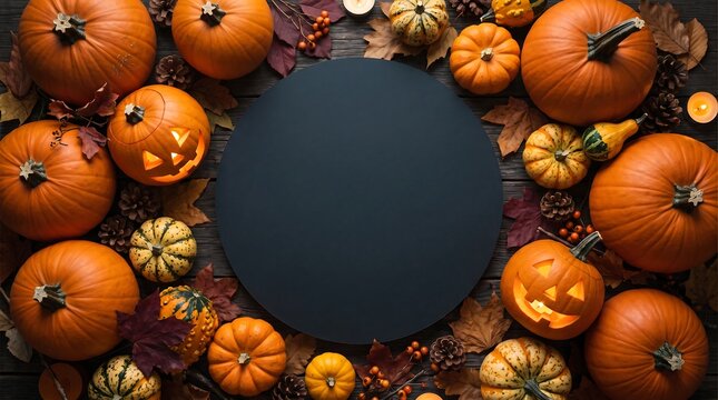 Festive halloween background featuring orange pumpkins arranged around a dark circular copy space area