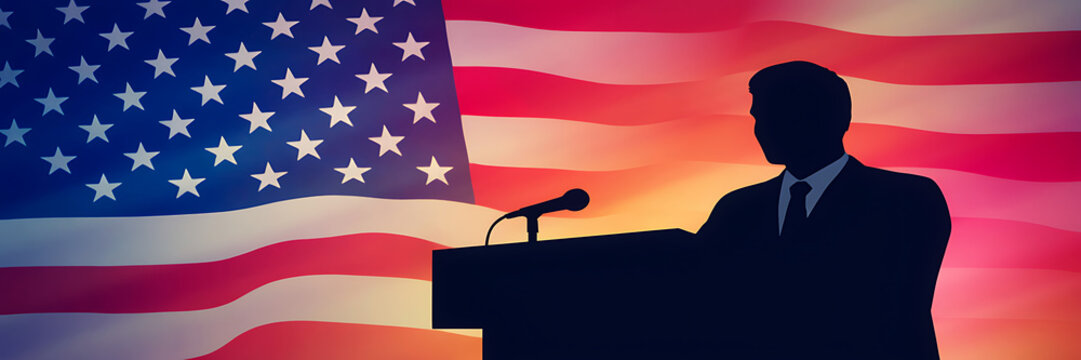 Silhouette of a person speaking at a podium with a microphone in front of a large, waving american flag background, with warm lighting