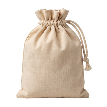 Burlap drawstring bag rests upright against a plain transparent background.