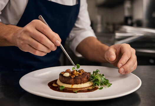 Chef adds finishing touches to a steak dish with mashed potatoes and microgreens using tweezers.