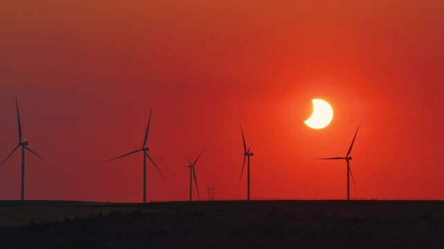 Solar eclipse sunset pan view behind wind turbines silhouette. Red orange sky with partial sun eclipse setting on horizon, real time video. High quality 4k footage