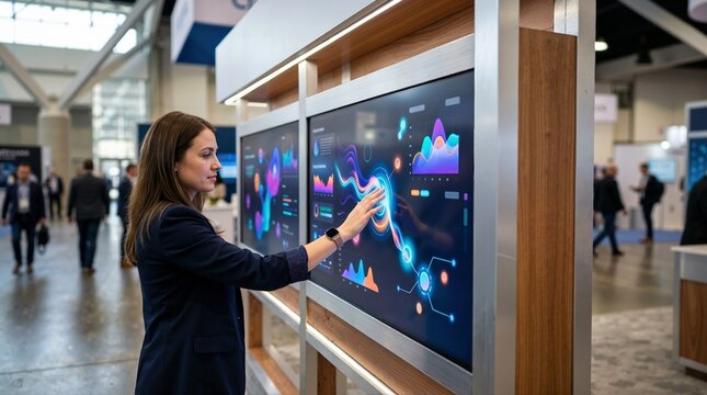 Young businesswoman interacting with a large touchscreen display at a tech exhibition. Interactive data visualization wall at a modern trade show booth. Innovation and digital technology concept