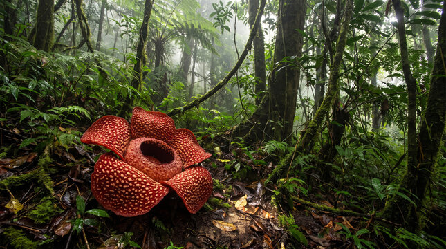High-definition photograph of a massive Rafflesia arnoldii flower blooming in a misty rainforest. Its deep red, spotted petals contrast beautifully with the dark soil.