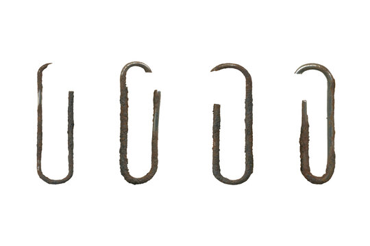 Vintage rusted paper clips set isolated.