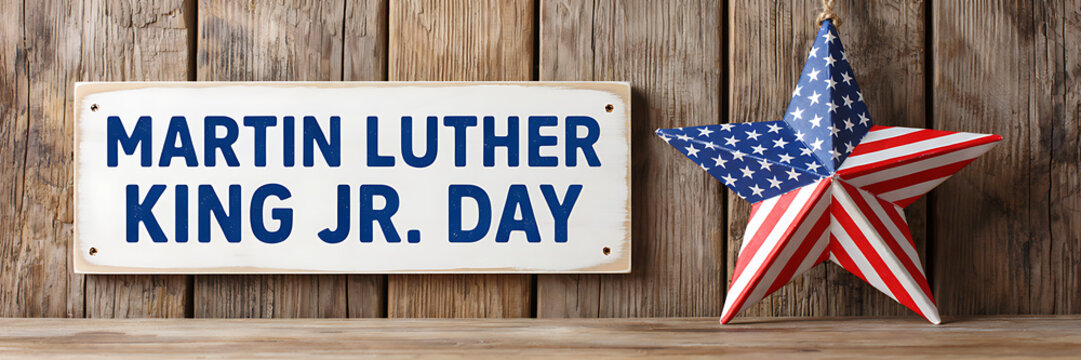 A white rectangular sign with the text martin luther king jr. day next to a hanging patriotic star ornament on a rustic wooden background