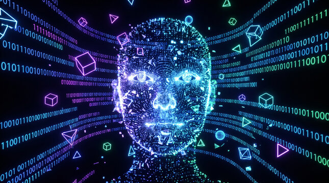 A glowing digital human face forming from floating lines of code and neon geometric shapes against a dark background, representing generative artificial intelligence.