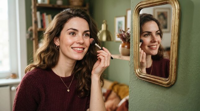 Smiling young woman applying blush with a makeup brush. Morning beauty routine in front of a wall mirror