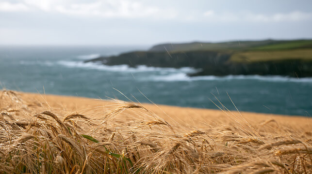 Golden wheat field Triticum aestivum under a dramatic moody sky with ocean waves crashing against the rocky coastal cliffs in the distance