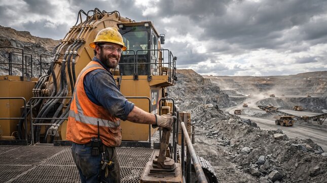 Construction worker operating heavy machinery at quarry site.