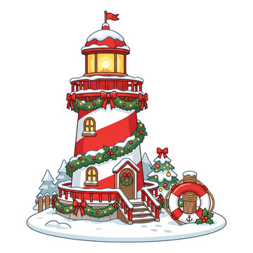 Christmas lighthouse with festive evergreen garland and snow isolated on white background