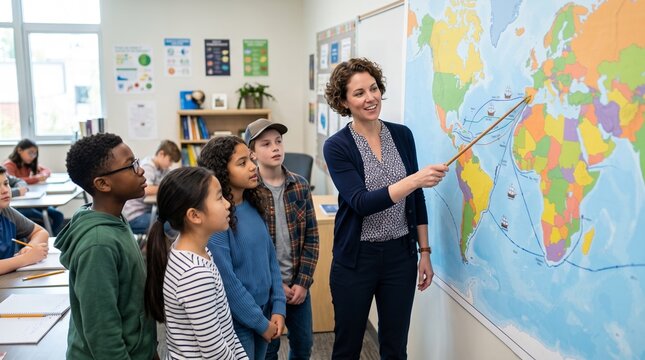 Teacher pointing at world map in classroom with diverse students  