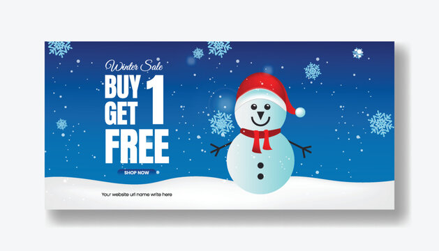 winter sale buy one get free banner with cute 3d render snowman wearing a red hat and scarf and snow flakes on dark blue background with snow ground