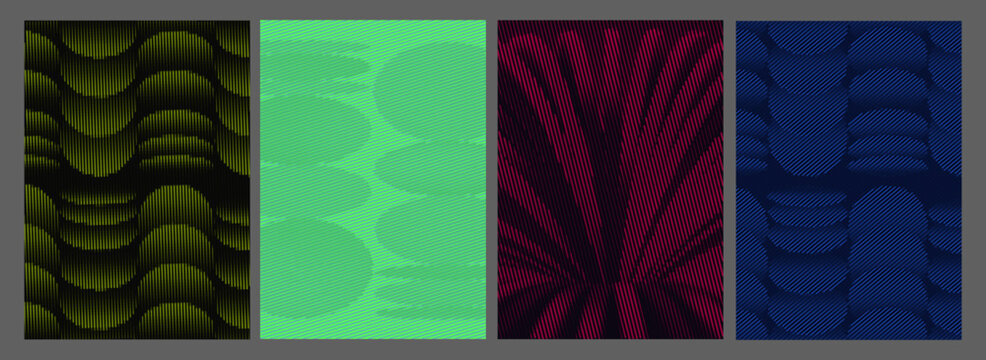 Abstract line texture backgrounds set. Vector wavy scale, radiating burst and arch stack patterns in yellow, green, magenta and navy for modern graphic design.