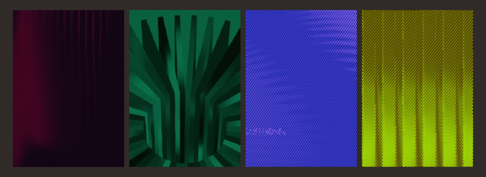 Abstract line texture backgrounds set. Vector fine line and diagonal stripe patterns with geometric tunnel perspective in red, teal, blue and yellow for modern graphic design.