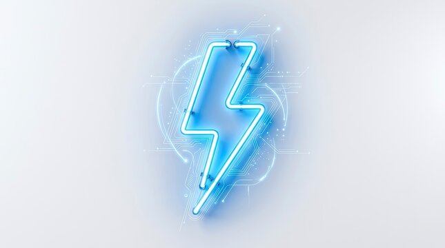Blue neon lightning bolt icon with digital circuit patterns on white background representing energy, electricity, and power technology