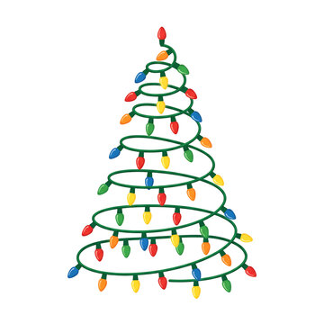 Christmas tree shape made of colorful string lights isolated on white background