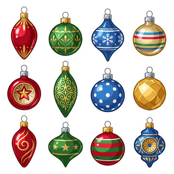 Set of vintage Christmas tree ornaments and decorative holiday baubles on white background