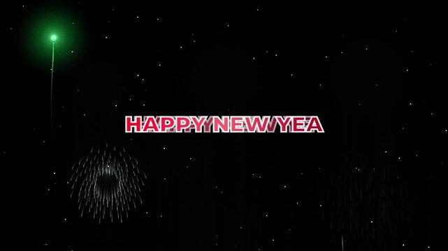 Typing happy new year text with colorful fireworks on starry black background.