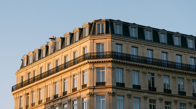 A classic European apartment building exterior facade with traditional stone architecture and elegant balconies illuminated by soft sunset light