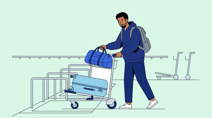Fototapeta premium Man with Luggage Cart at Airport