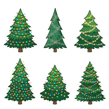 Set of six festive Christmas trees with colorful lights isolated on transparent background