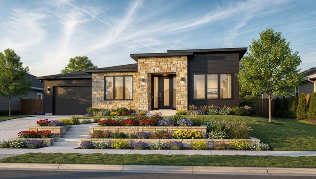 Modern luxury single family home exterior with stone facade and professional landscaping.