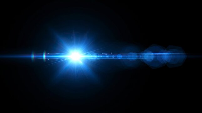 Blue anamorphic lens flare with light streak and hexagonal bokeh on black background