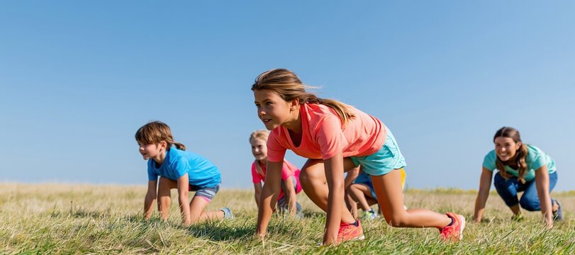 Parent demonstrating running start with children observing in sunny meadow