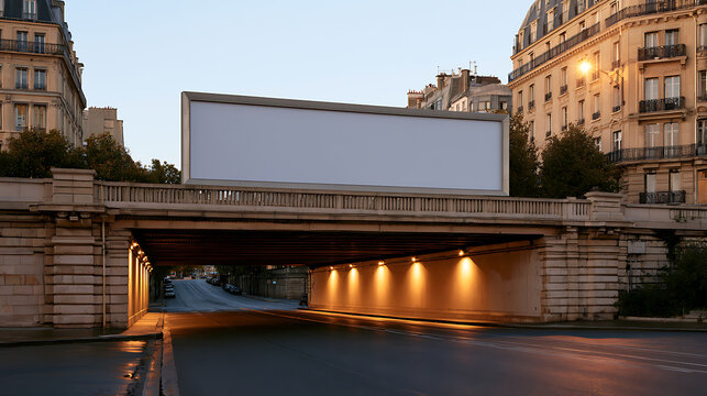 Blank billboard mockup mounted on urban bridge overpass with empty advertising display space above city street at twilight for commercial use