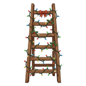 Wooden ladder decorated with colorful Christmas lights and a red bow isolated on white